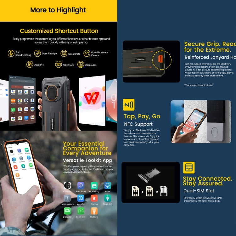 Blackview BV6200 Plus, 8GB+256GB, IP68/IP69K/MIL-STD-810H, 6.56 inch Android 14 Unisoc UMS9230 T606 Octa Core, Network: 4G, OTG, NFC Blackview BV6200 Plus, 8GB+256GB, IP68/IP69K/MIL-STD-810H, 6.56 inch Android 14 Unisoc UMS9230 T606 Octa Core, Network: 4G, OTG, NFC